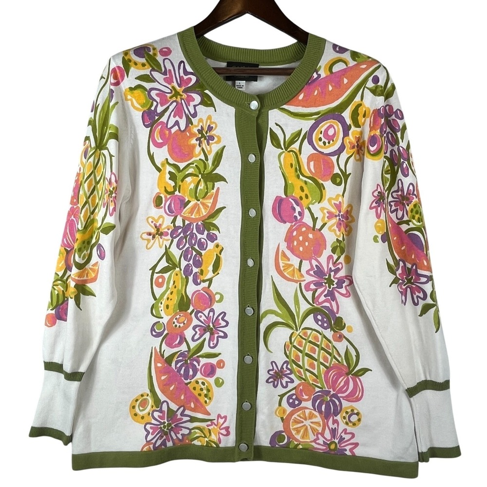 Bob Mackie Wearable Art Womens L Fruit Cardigan Floral Tropical Cotton Whimsical